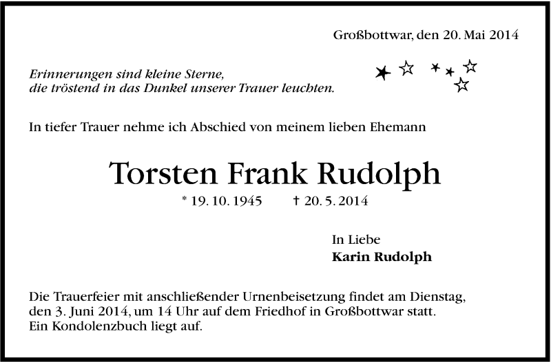  Traueranzeige für Torsten Frank Rudolph vom 24.05.2014 aus Stuttgarter Zeitung / Stuttgarter Nachrichten