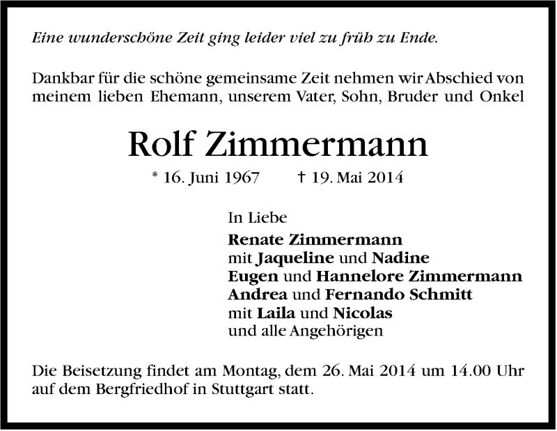  Traueranzeige für Rolf Zimmermann vom 22.05.2014 aus Stuttgarter Zeitung / Stuttgarter Nachrichten