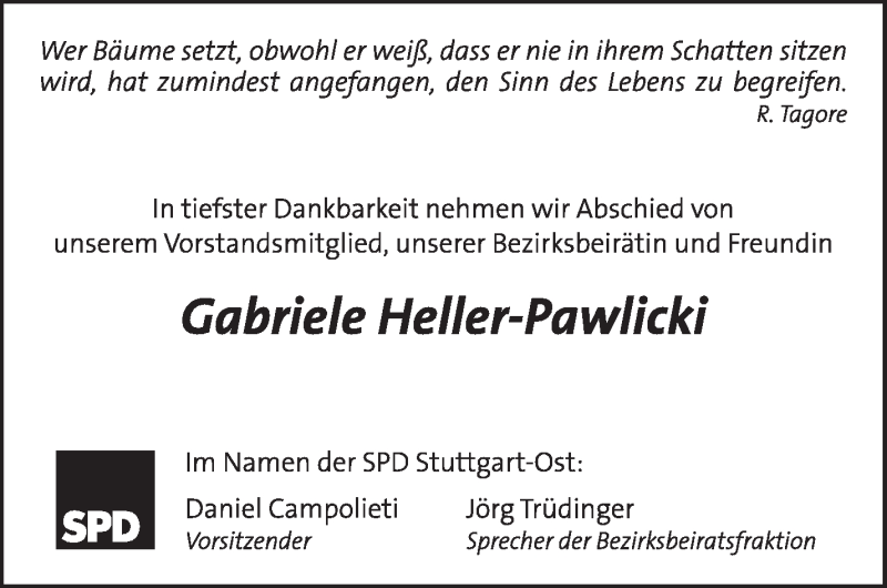  Traueranzeige für Gabriele Heller-Pawlicki vom 23.05.2014 aus Stuttgarter Zeitung / Stuttgarter Nachrichten