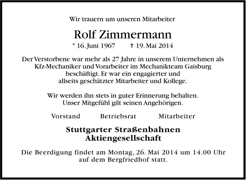  Traueranzeige für Rolf Zimmermann vom 23.05.2014 aus Stuttgarter Zeitung / Stuttgarter Nachrichten