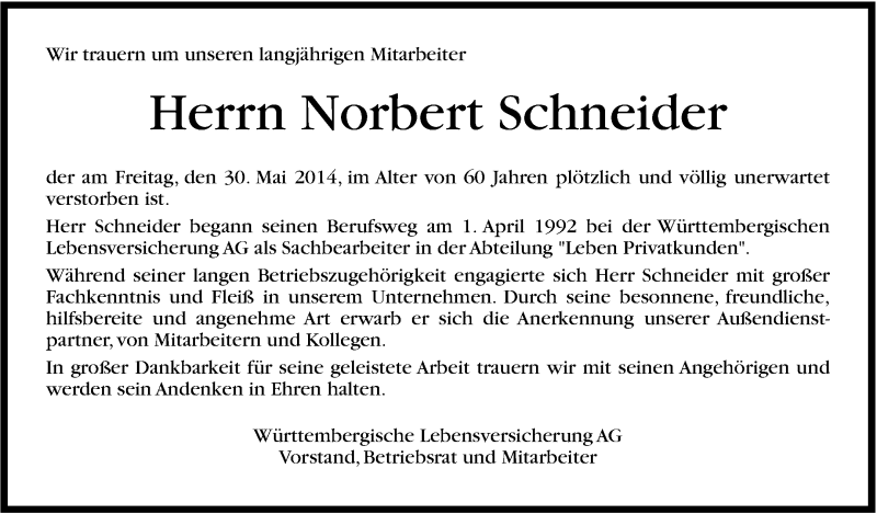  Traueranzeige für Norbert Schneider vom 05.06.2014 aus Stuttgarter Zeitung / Stuttgarter Nachrichten
