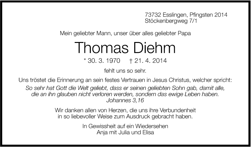  Traueranzeige für Thomas Diehm vom 07.06.2014 aus Stuttgarter Zeitung / Stuttgarter Nachrichten