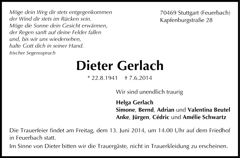  Traueranzeige für Dieter Gerlach vom 11.06.2014 aus Stuttgarter Zeitung / Stuttgarter Nachrichten