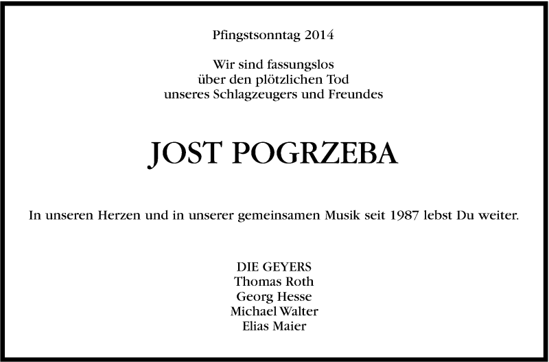  Traueranzeige für Jost Pogrzeba vom 13.06.2014 aus Stuttgarter Zeitung / Stuttgarter Nachrichten