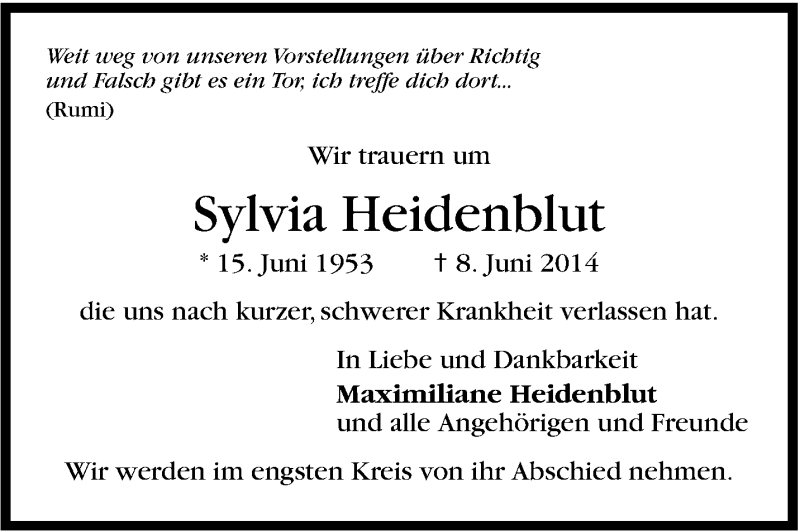  Traueranzeige für Sylvia Heidenblut vom 21.06.2014 aus Stuttgarter Zeitung / Stuttgarter Nachrichten