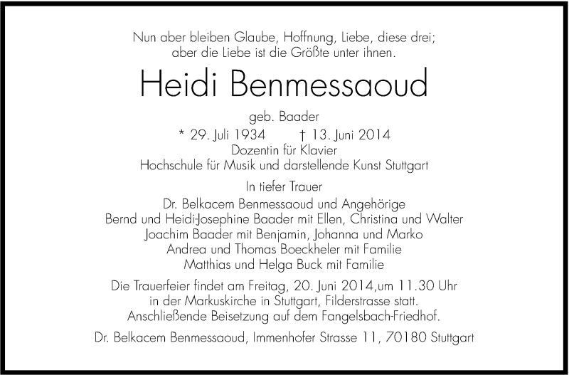  Traueranzeige für Heidi Benmessaoud vom 18.06.2014 aus Stuttgarter Zeitung / Stuttgarter Nachrichten