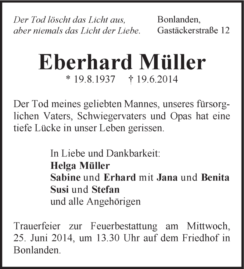  Traueranzeige für Eberhard Müller vom 23.06.2014 aus Stuttgarter Zeitung / Stuttgarter Nachrichten