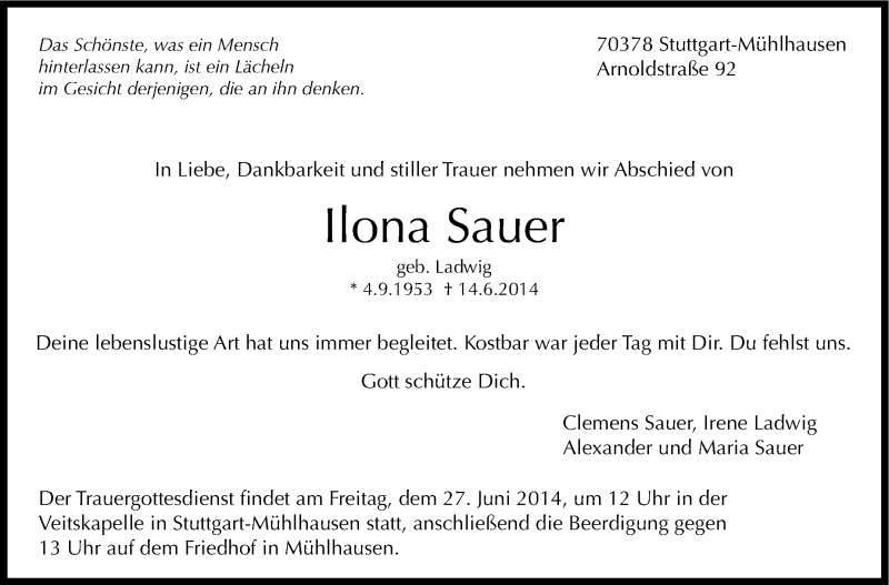  Traueranzeige für Ilona Sauer vom 25.06.2014 aus Stuttgarter Zeitung / Stuttgarter Nachrichten