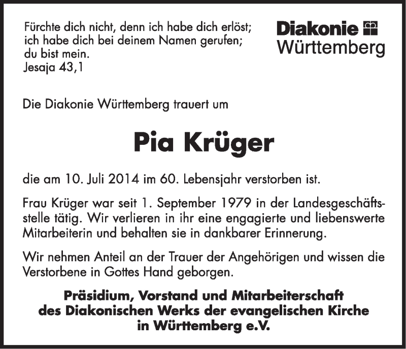  Traueranzeige für Pia Krüger vom 02.08.2014 aus Stuttgarter Zeitung / Stuttgarter Nachrichten