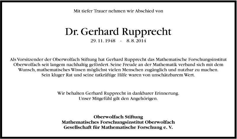  Traueranzeige für Gerhard Rupprecht vom 14.08.2014 aus Stuttgarter Zeitung / Stuttgarter Nachrichten