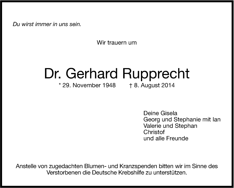  Traueranzeige für Gerhard Rupprecht vom 13.08.2014 aus Stuttgarter Zeitung / Stuttgarter Nachrichten