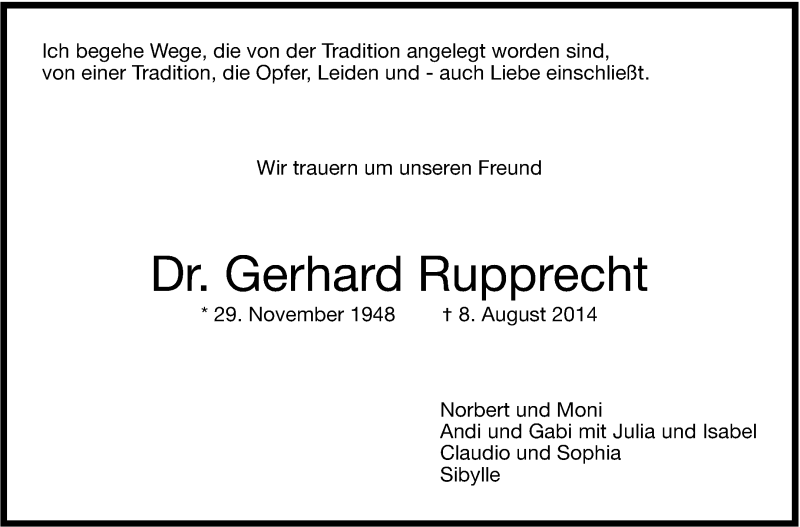  Traueranzeige für Gerhard Rupprecht vom 13.08.2014 aus Stuttgarter Zeitung / Stuttgarter Nachrichten