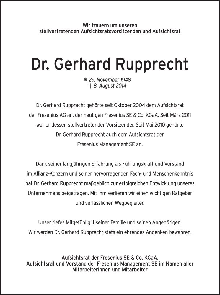  Traueranzeige für Gerhard Rupprecht vom 14.08.2014 aus Stuttgarter Zeitung / Stuttgarter Nachrichten