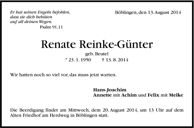  Traueranzeige für Renate Reinke-Günter vom 16.08.2014 aus Stuttgarter Zeitung / Stuttgarter Nachrichten