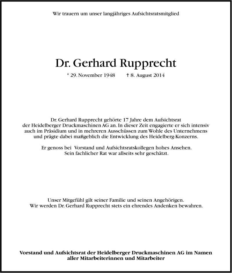  Traueranzeige für Gerhard Rupprecht vom 16.08.2014 aus Stuttgarter Zeitung / Stuttgarter Nachrichten