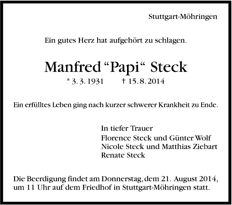  Traueranzeige für Manfred Steck vom 19.08.2014 aus Stuttgarter Zeitung / Stuttgarter Nachrichten
