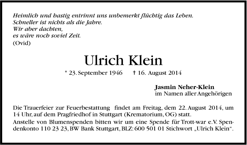  Traueranzeige für Ulrich Klein vom 20.08.2014 aus Stuttgarter Zeitung / Stuttgarter Nachrichten