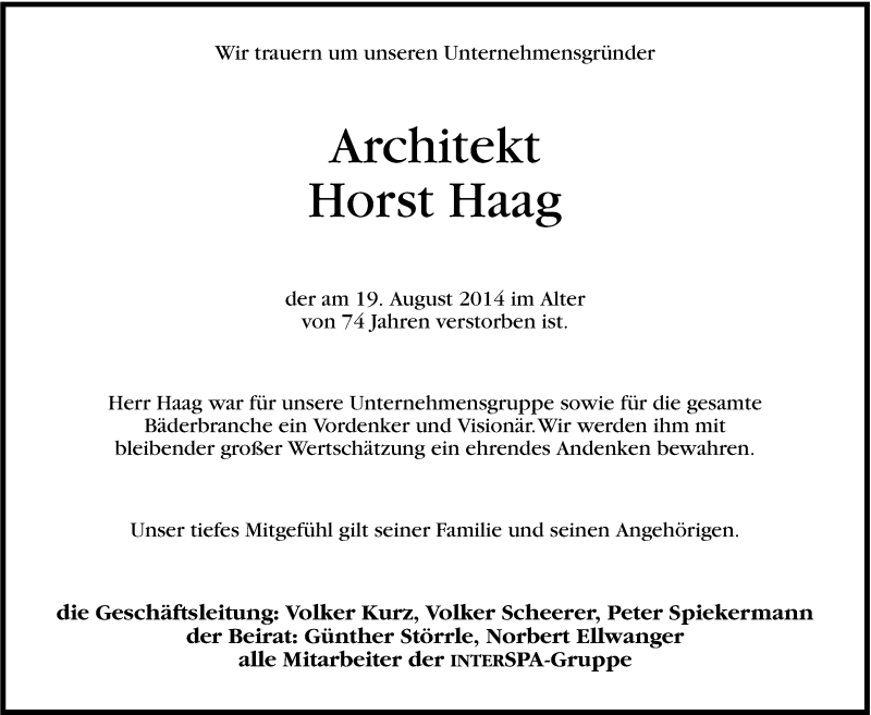  Traueranzeige für Horst Haag vom 22.08.2014 aus Stuttgarter Zeitung / Stuttgarter Nachrichten