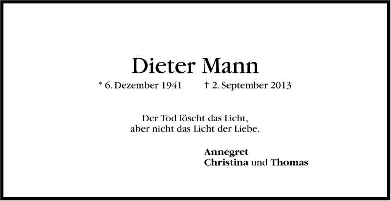  Traueranzeige für Dieter Mann vom 02.09.2014 aus Stuttgarter Zeitung / Stuttgarter Nachrichten