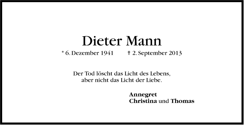 Traueranzeige für Dieter Mann vom 03.09.2014 aus Stuttgarter Zeitung / Stuttgarter Nachrichten