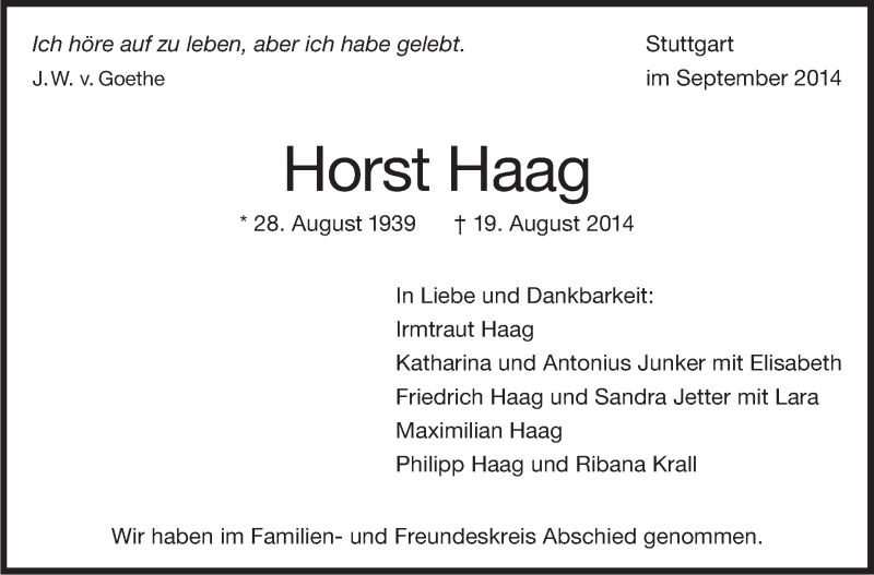  Traueranzeige für Horst Haag vom 06.09.2014 aus Stuttgarter Zeitung / Stuttgarter Nachrichten