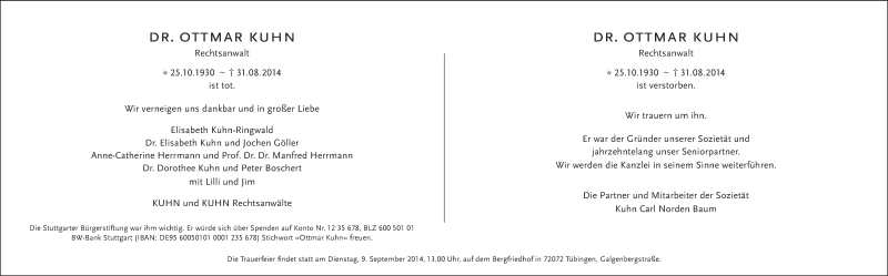  Traueranzeige für Ottmar Kuhn vom 06.09.2014 aus Stuttgarter Zeitung / Stuttgarter Nachrichten