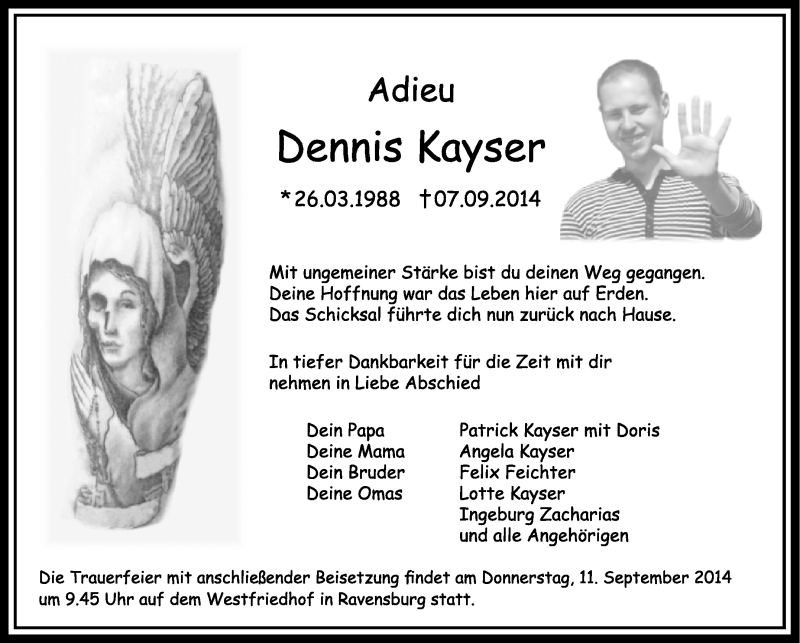  Traueranzeige für Dennis Kayser vom 10.09.2014 aus Stuttgarter Zeitung / Stuttgarter Nachrichten