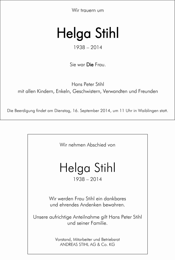  Traueranzeige für Helga Stihl vom 13.09.2014 aus Stuttgarter Zeitung / Stuttgarter Nachrichten