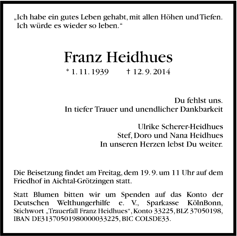  Traueranzeige für Franz Heidhues vom 16.09.2014 aus Stuttgarter Zeitung / Stuttgarter Nachrichten