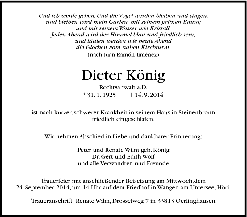  Traueranzeige für Dieter König vom 19.09.2014 aus Stuttgarter Zeitung / Stuttgarter Nachrichten