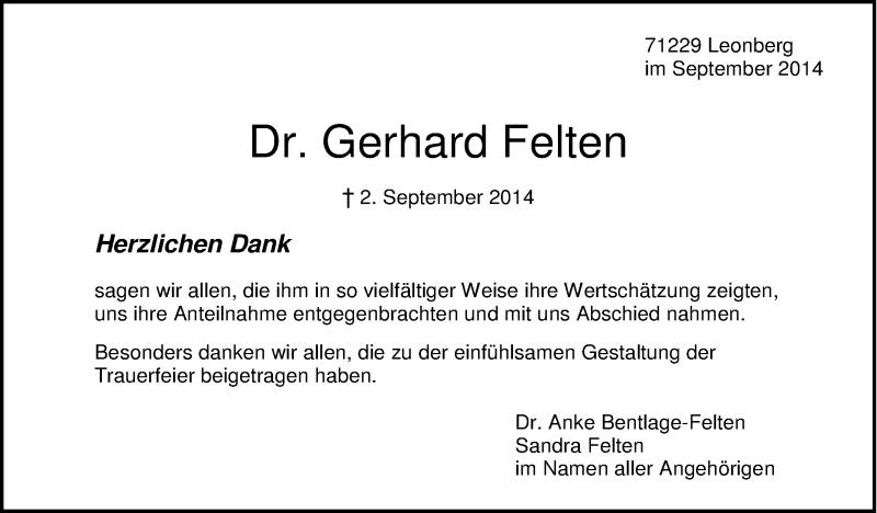  Traueranzeige für Gerhard Felten vom 19.09.2014 aus Stuttgarter Zeitung / Stuttgarter Nachrichten