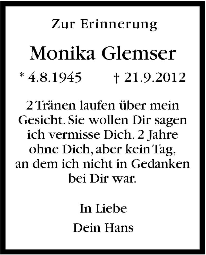  Traueranzeige für Monika Glemser vom 20.09.2014 aus Stuttgarter Zeitung / Stuttgarter Nachrichten