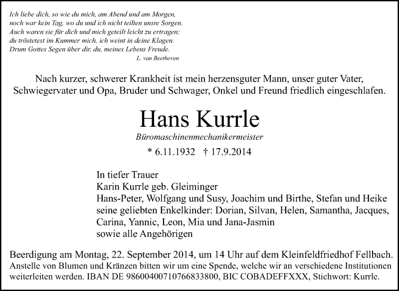  Traueranzeige für Hans Kurrle vom 19.09.2014 aus Stuttgarter Zeitung / Stuttgarter Nachrichten