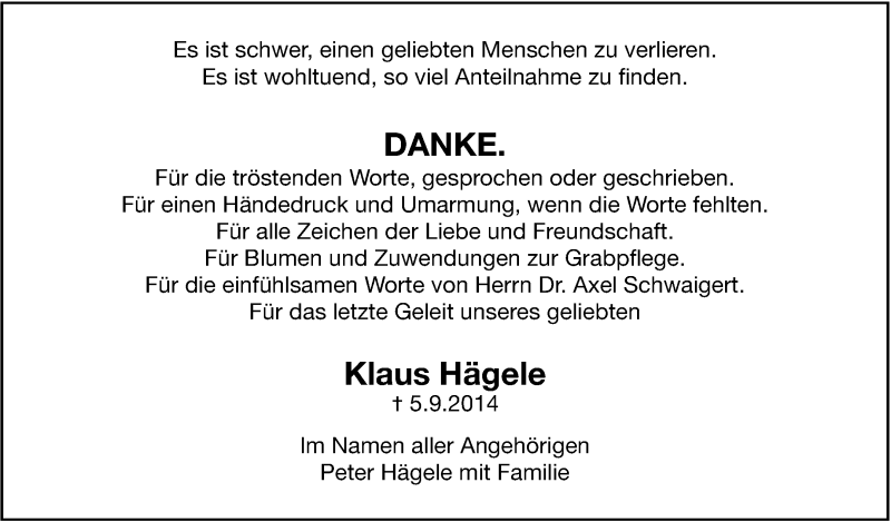  Traueranzeige für Klaus Hägele vom 19.09.2014 aus Stuttgarter Zeitung / Stuttgarter Nachrichten