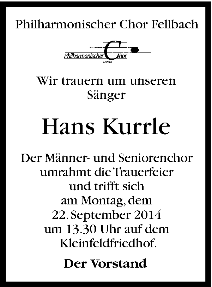  Traueranzeige für Hans Kurrle vom 20.09.2014 aus Stuttgarter Zeitung / Stuttgarter Nachrichten