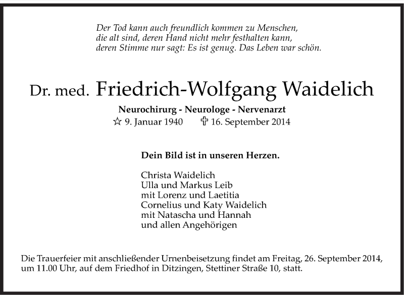  Traueranzeige für Friedrich-Wolfgang Waidelich vom 20.09.2014 aus Stuttgarter Zeitung / Stuttgarter Nachrichten