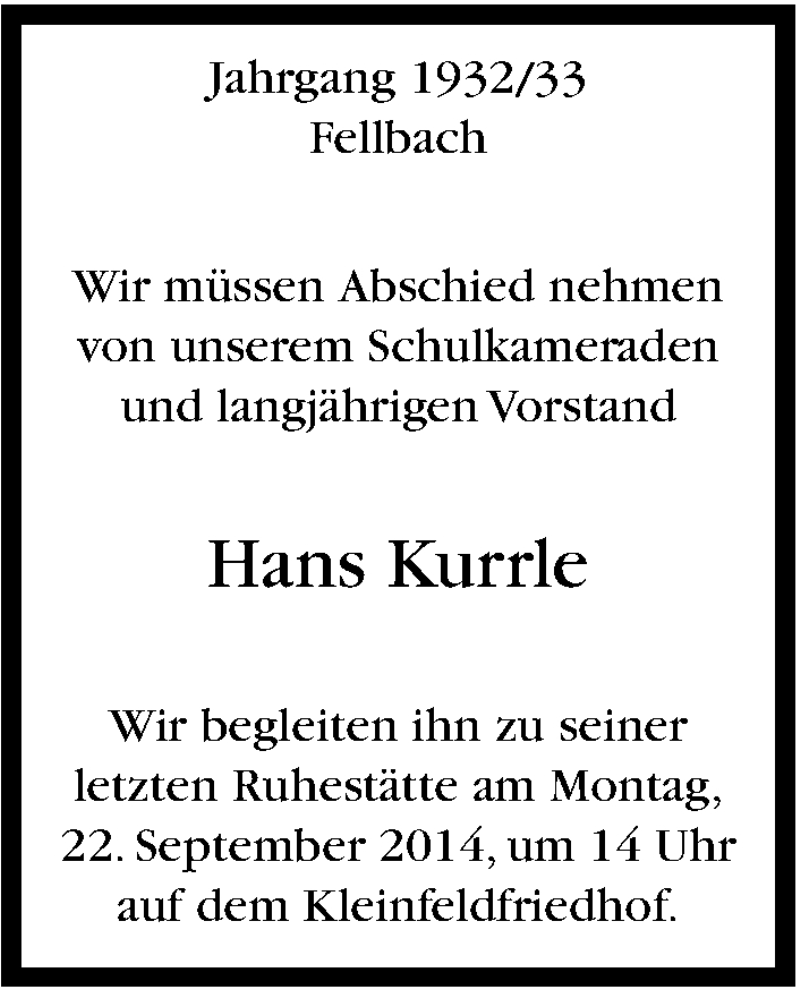  Traueranzeige für Hans Kurrle vom 20.09.2014 aus Stuttgarter Zeitung / Stuttgarter Nachrichten