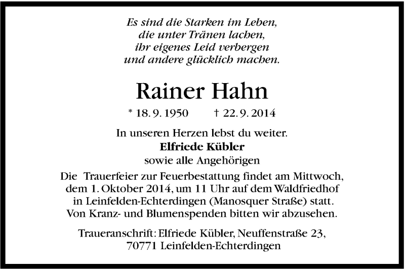  Traueranzeige für Rainer Hahn vom 27.09.2014 aus Stuttgarter Zeitung / Stuttgarter Nachrichten