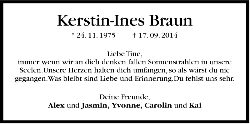  Traueranzeige für Kerstin-Ines Braun vom 27.09.2014 aus Stuttgarter Zeitung / Stuttgarter Nachrichten