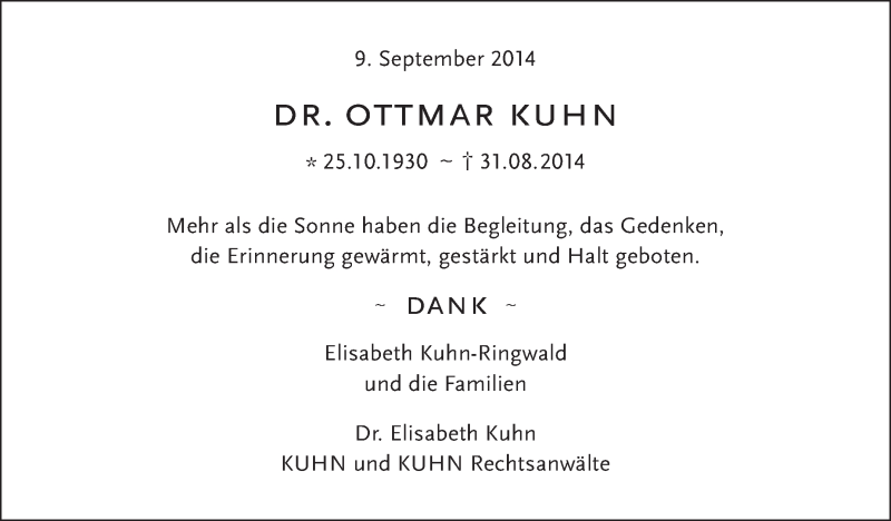  Traueranzeige für Ottmar Kuhn vom 01.10.2014 aus Stuttgarter Zeitung / Stuttgarter Nachrichten