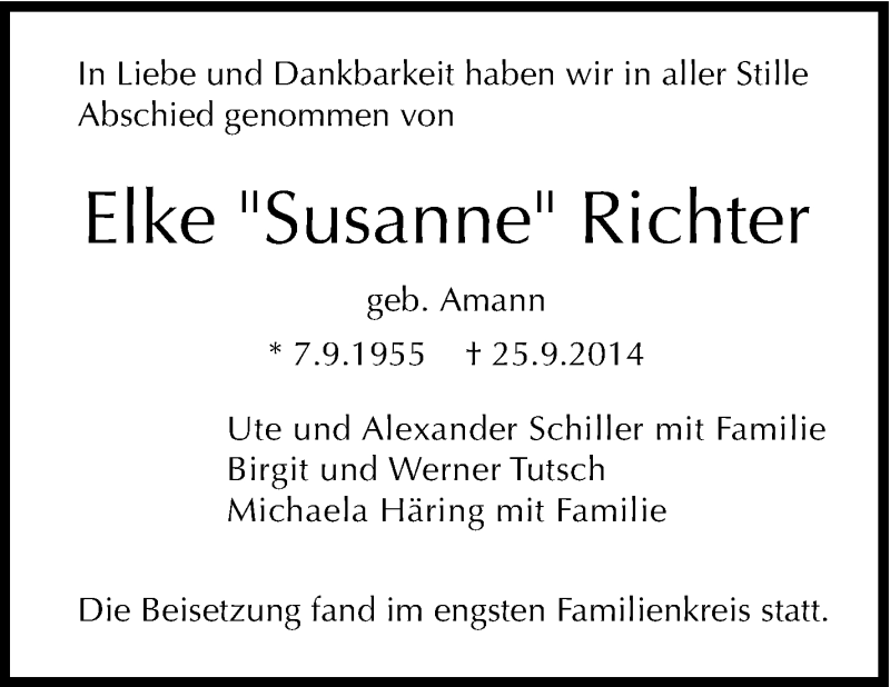  Traueranzeige für Elke Richter vom 04.10.2014 aus Stuttgarter Zeitung / Stuttgarter Nachrichten