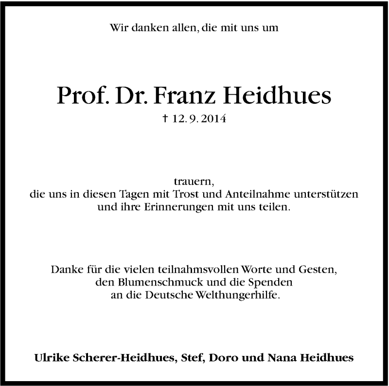  Traueranzeige für Franz Heidhues vom 06.10.2014 aus Stuttgarter Zeitung / Stuttgarter Nachrichten