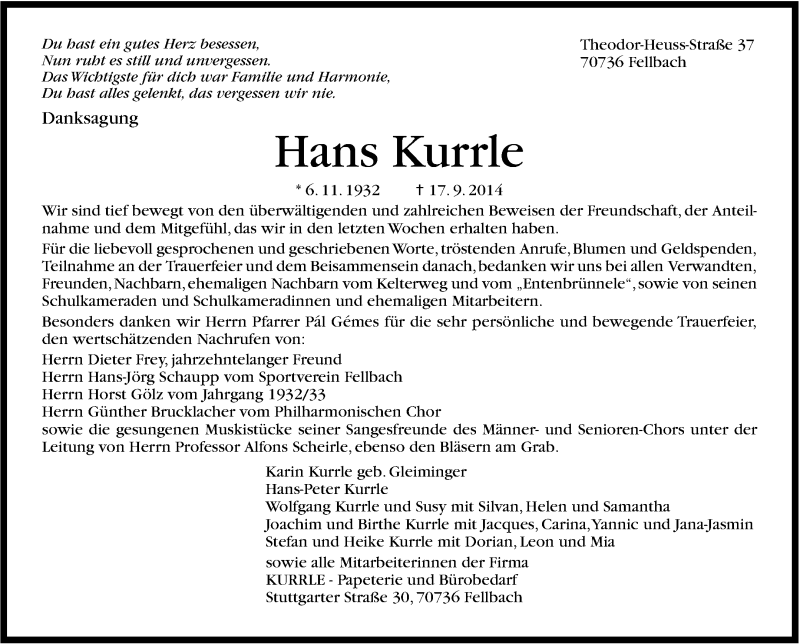 Traueranzeige für Hans Kurrle vom 07.10.2014 aus Stuttgarter Zeitung / Stuttgarter Nachrichten