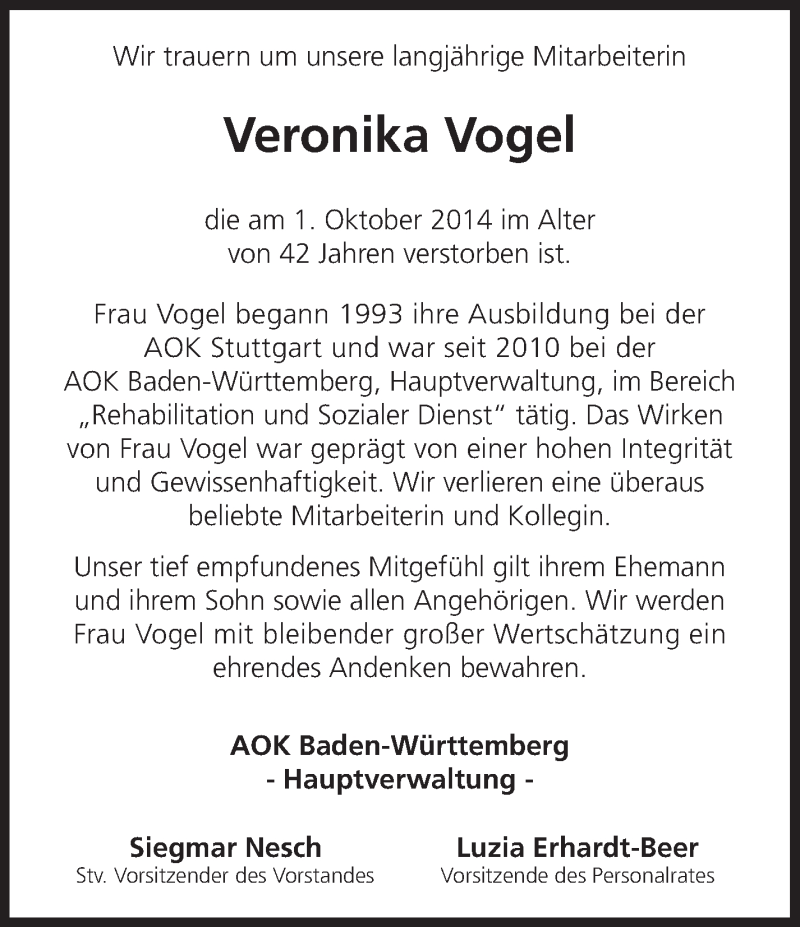  Traueranzeige für Veronika Vogel vom 08.10.2014 aus Stuttgarter Zeitung / Stuttgarter Nachrichten