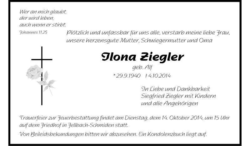  Traueranzeige für Ilona Ziegler vom 10.10.2014 aus Stuttgarter Zeitung / Stuttgarter Nachrichten