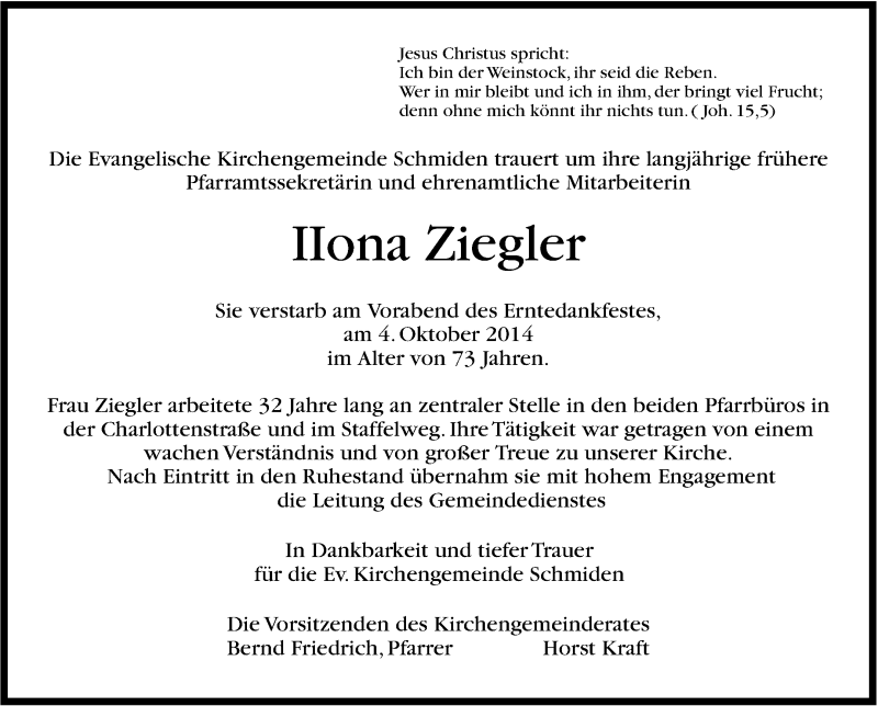  Traueranzeige für Ilona Ziegler vom 11.10.2014 aus Stuttgarter Zeitung / Stuttgarter Nachrichten