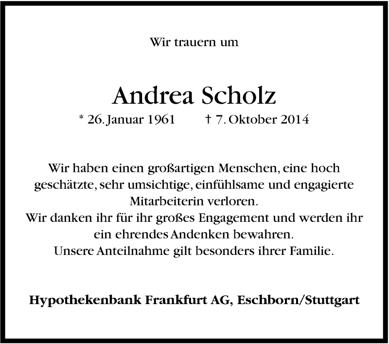  Traueranzeige für Andrea Scholz vom 15.10.2014 aus Stuttgarter Zeitung / Stuttgarter Nachrichten