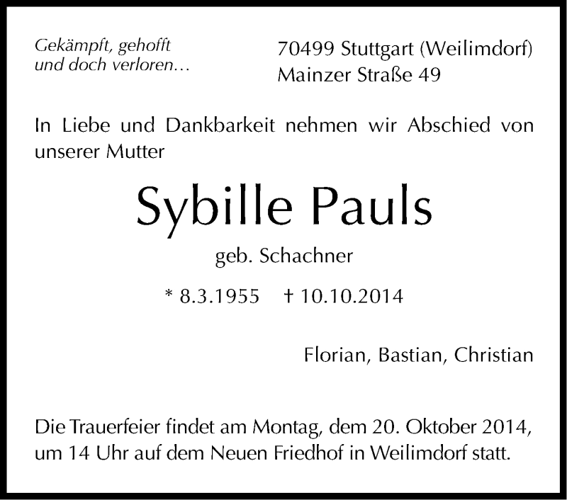  Traueranzeige für Sybille Pauls vom 15.10.2014 aus Stuttgarter Zeitung / Stuttgarter Nachrichten