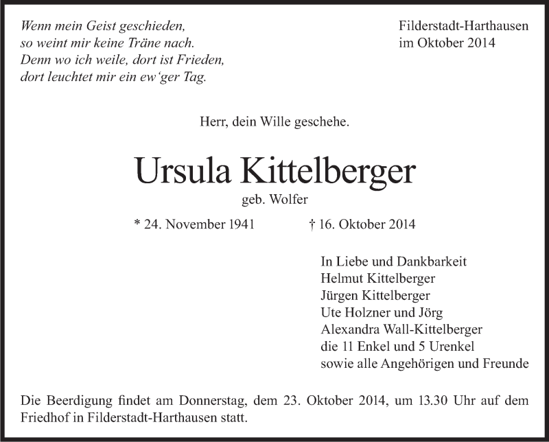  Traueranzeige für Ursula Kittelberger vom 20.10.2014 aus Stuttgarter Zeitung / Stuttgarter Nachrichten