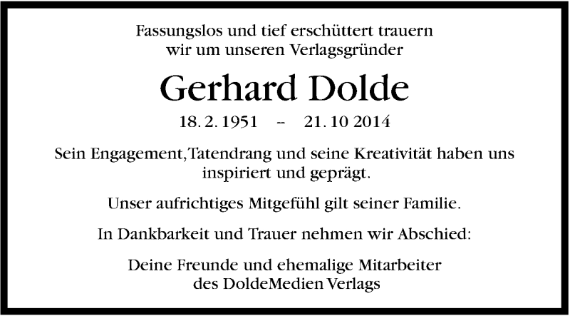  Traueranzeige für Gerhard Dolde vom 24.10.2014 aus Stuttgarter Zeitung / Stuttgarter Nachrichten